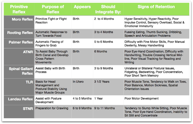 Chart of Primitive Reflexes and Associated Developmental Delays