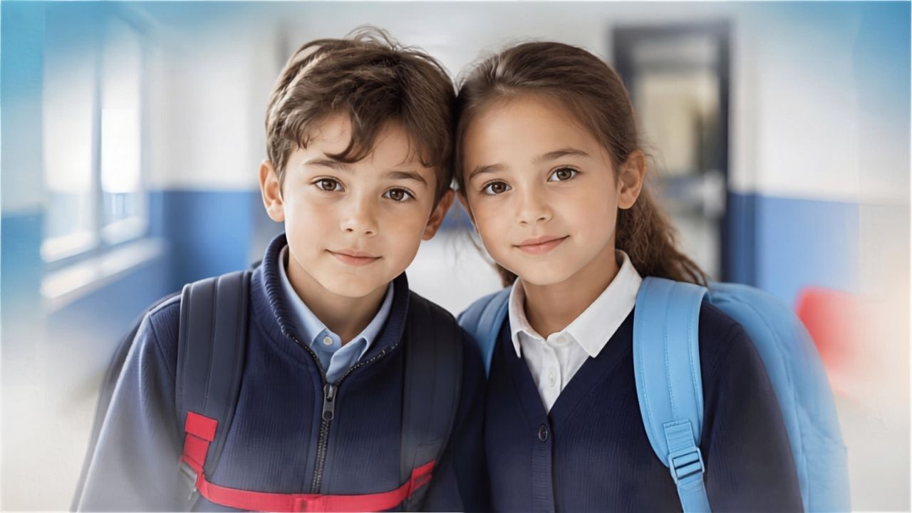 2 kids at school with backpacks
